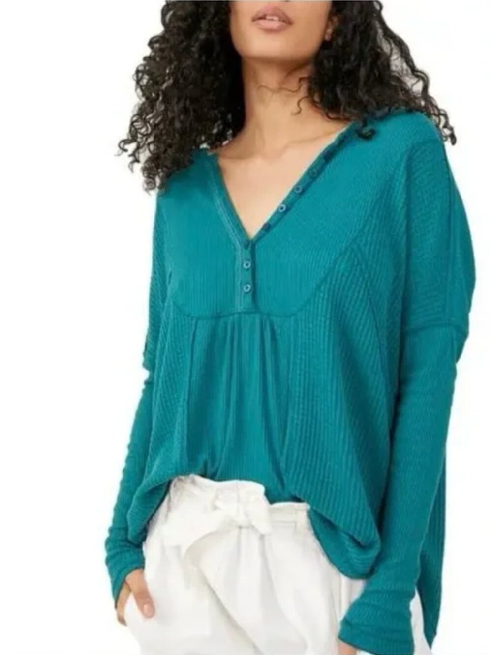 Free People Womens S Evergreen Leo Waffle Knit Henley Oversized Boho Lagenlook